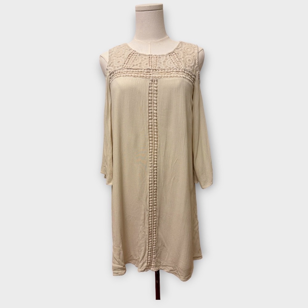 Cato‎ Cold Shoulder Dress Small Beige Boho Crochet Lace Trim Lined Shift Mini